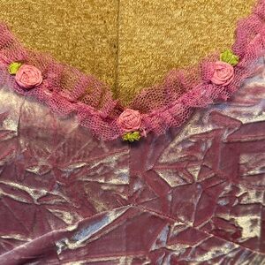 Pink Lace-Trim Soft Crushed Velvet Betsey Johnson Dress with Rose Appliques